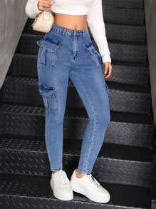 SHEIN Teen Girls' Utility Pockets Stretchy Blue Denim Skinny Pants
