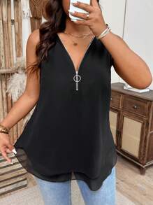 SHEIN LUNE Plus Size Chiffon Front Double Layer Overlap V-Neck, Circular Ring Zipper Decor Casual Sleeveless Top - Black - View 7