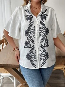 SHEIN Clasi Women's Plus Size Elegant Floral Printed V-Neck Ruffle Sleeve Blouse, Boho Office Wear, For Summer - Multicolor - View 5