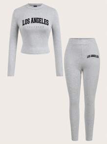 SHEIN Essnce 2 件套女士洛杉矶口号图案长袖紧身圆领 T 恤和高腰打底裤，适合春秋季节 - 淺灰色 - 查看 5