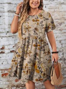 EMERY ROSE Casual & Eenvoudige Losse Ditsy Bloemen Ronde Hals Korte Mouw Plus Size Jurk, Geschikt Voor Herfst & Winter