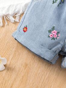 Baby Girls Cute Simple Elastic Waist Frilled Edge Bleached Denim Floral Embroidery Shorts - Light Wash - View 7