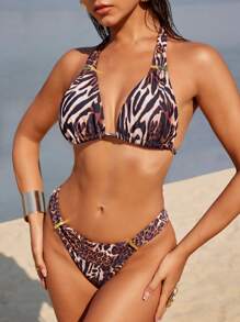 SHEIN Swim 女士性感豹纹金属扣比基尼套装，适合夏季海滩度假 - 棕色 - 查看 3