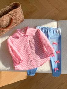SHEIN Baby Girls Spring/Summer Striped Long Sleeve Shirt & Bow Decor Long Pants 2 Pieces Set - Pink - View 5