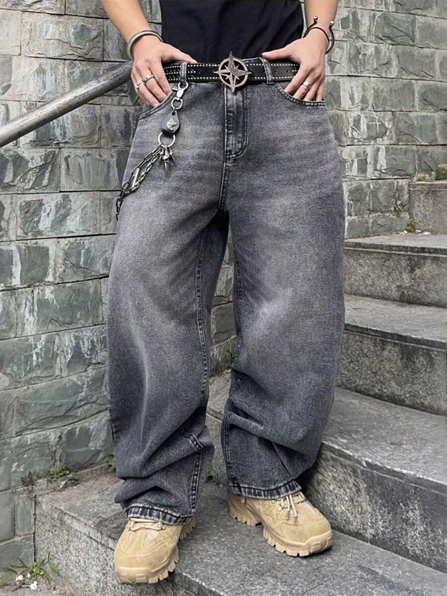 Men's Loose Casual Jeans With Pockets, Everyday Wear - Grey - View 1