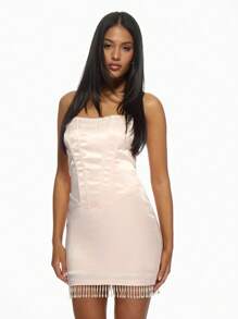 MISSGUIDED 无肩带抹胸迷你连衣裙，饰有串珠流苏边，适合派对、俱乐部、晚宴、节日、新年等特殊场合，优雅精致。