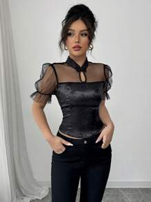 Elenzga French Elegant Button Down Mesh Cutout Jacquard Satin Puff Sleeve Blouse For Women