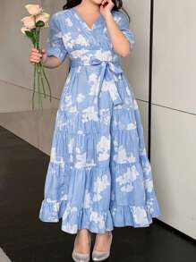 Dazy Petite Plus Plus Size Blue Floral Print V-Neck Cinched Waist Long Dress, Spring/Summer - Blue - View 9