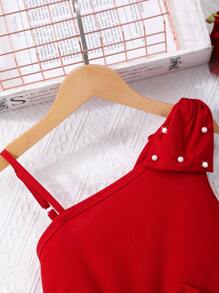 Conjunto de tirantes de unicolor elegante con perlas y lazo para niña preadolescente con cinturón, para verano, ropa para niña de color rojo, para vacaciones, verano, viajes