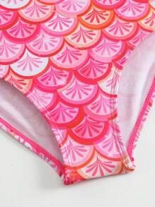 Young Girl Asymmetric Neck One-Piece Swimsuit With Printed Ribbon Decorative Details, Paired With Mermaid Skirt, Beach Vacation - Hot Pink - View 6