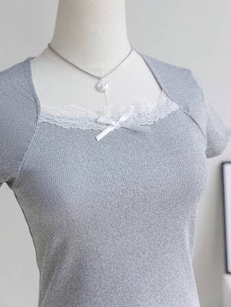 SHEIN Sweetra Young Tween Girls Lace Trim Square Neck Fitted Short Sleeve T-Shirt, Cute And Elegant Lady Style