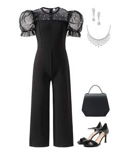 青春期前女孩优雅派对舞会礼服仿珍珠和网眼拼布连身裤