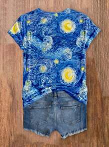 SHEIN LUNE Casual Minimalist Oil Painting Starry Sky Print Round Neck Loose Fit Women Short Sleeve T-Shirt,Sz2501101609636785 - White - View 2