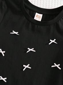 Cozy Pixies Baby Girl Bow Decor Soft Knit Crew Neck Short Sleeve Pullover Top - Black - View 7