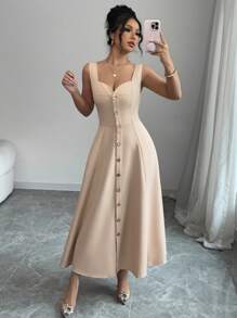 Elenzga Vestido elegante francés de mujer de corte princesa con cintura ceñida y espalda descubierta, para primavera y verano - Caqui - Ver 1