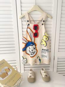 1pc Young Boys Casual Sporty Streetwear Cute Rabbit Print Loose Bib Overall Shorts, Suitable For Daily Wear, School, Travel, Sports, Spring/Summer - Apricot - View 3