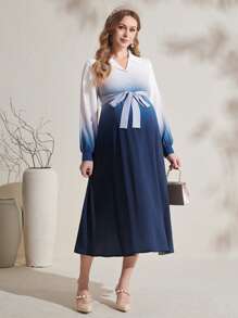 SHEIN Maternity Front Button Long Sleeve Ombre Casual Long Dress - Multicolor - View 1