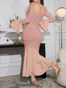 Modelyn Vestido elegante de cola de pez texturizado de parches de longitud maxi para mujer - Rosa - Ver 2