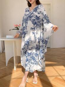 DAZY 女士全身印花宽松中长连衣裙，秋季长袖连衣裙，度假装扮，女士复活节长款连衣裙 - 藍色 - 查看 8