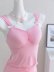 Váy mini màu hồng cho bé gái tuổi teen kèm quần short, bộ áo ba lỗ dệt kim dây nơ, phong cách ngọt ngào & Y2K - Hồng - Xem 7