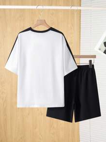 SHEIN 2pcs/Set Teenager Boys Casual Black & White Contrast English Graphic Print Short Sleeve T-Shirt & Shorts Set, Street Punk Rock Preppy Daily Outdoor Party Music Festival, Suitable For Spring & Summer