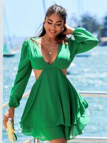 SHEIN SXY Vestido corto ajustado de mujer con cuello en V profundo y cintura recortada, atuendo de vacaciones para mujer, conjuntos de verano para mujer, vestidos de verano para mujer, verde, atuendo de playa para mujer, salir, atuendo de crucero