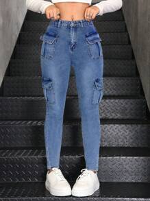 SHEIN Teen Girls' Utility Pockets Stretchy Blue Denim Skinny Pants