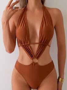 Swim SXY Ladies' Backless Pleated Knot Wireless Halter Neck One-Piece Swimsuit, Solid Color, Sexy Vacation Beach