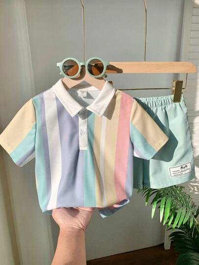 SHEIN 2pcs Young Boy Casual College Style Comfortable Fashion Simple Practical Versatile Soft Loose Korean Style Big Striped Colorful Polo Shirt And Green Shorts Outfit, Suitable For Daily School, Holiday, Party, Spring/Summer