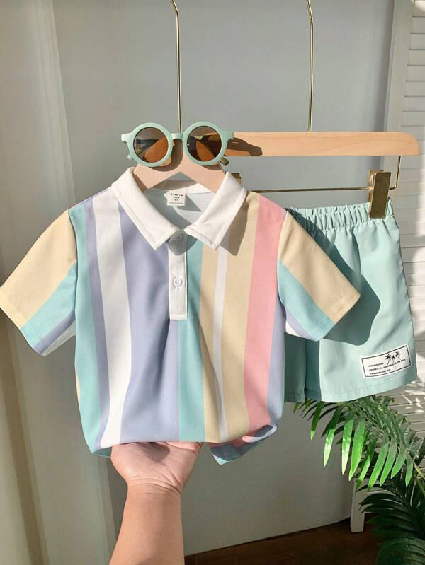 SHEIN 2pcs/Set Baby Boy Casual Preppy Vacation Comfortable Fashion Simple Practical Versatile Loose Fit Korean Style Striped Soft Cotton Jersey Polo Shirt & Green Shorts Outfit, Suitable For Everyday, School, Holiday, Party Wear Spring/Summer