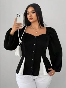 SHEIN Unity Plus Size Women's Sexy Elegant Patchwork Open Slit Long Sleeve Blouse - Black - View 4