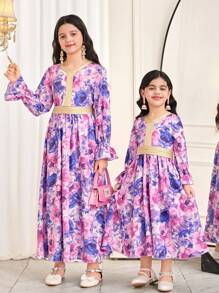 SHEIN Tween Girls Floral Print Gold Ribbon Flutter Sleeve Long Sleeve Dress - Purple - View 2