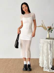 Muchica Casual Solid Color Mesh Fitted Dress - White - View 4