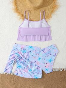 Set de bikini con falda de cobertura con estampado de mariposas con volantes para adolescentes de vacaciones
