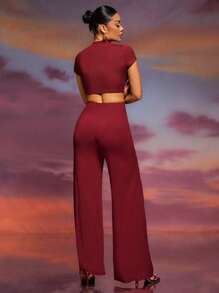 Hauture 2 Pcs Slinky Jersey Cut Out Mock Neck Top & Pants Set