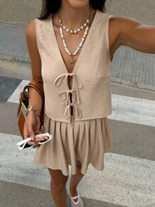 Breezaya Women 2pcs Set Solid Front Tie Casual Top And Mini Skirt, Fashionable Vacation Style