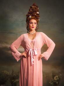 PinupGlam Retro Palace-Style Satin Mesh Lace Women Nightgown