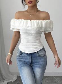 Elenzga Áo thun ren hở vai cao cấp, cạp chun, màu trơn, phù hợp cho mùa hè - Màu be - Xem 4