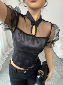 Elenzga French Elegant Button Down Mesh Cutout Jacquard Satin Puff Sleeve Blouse For Women