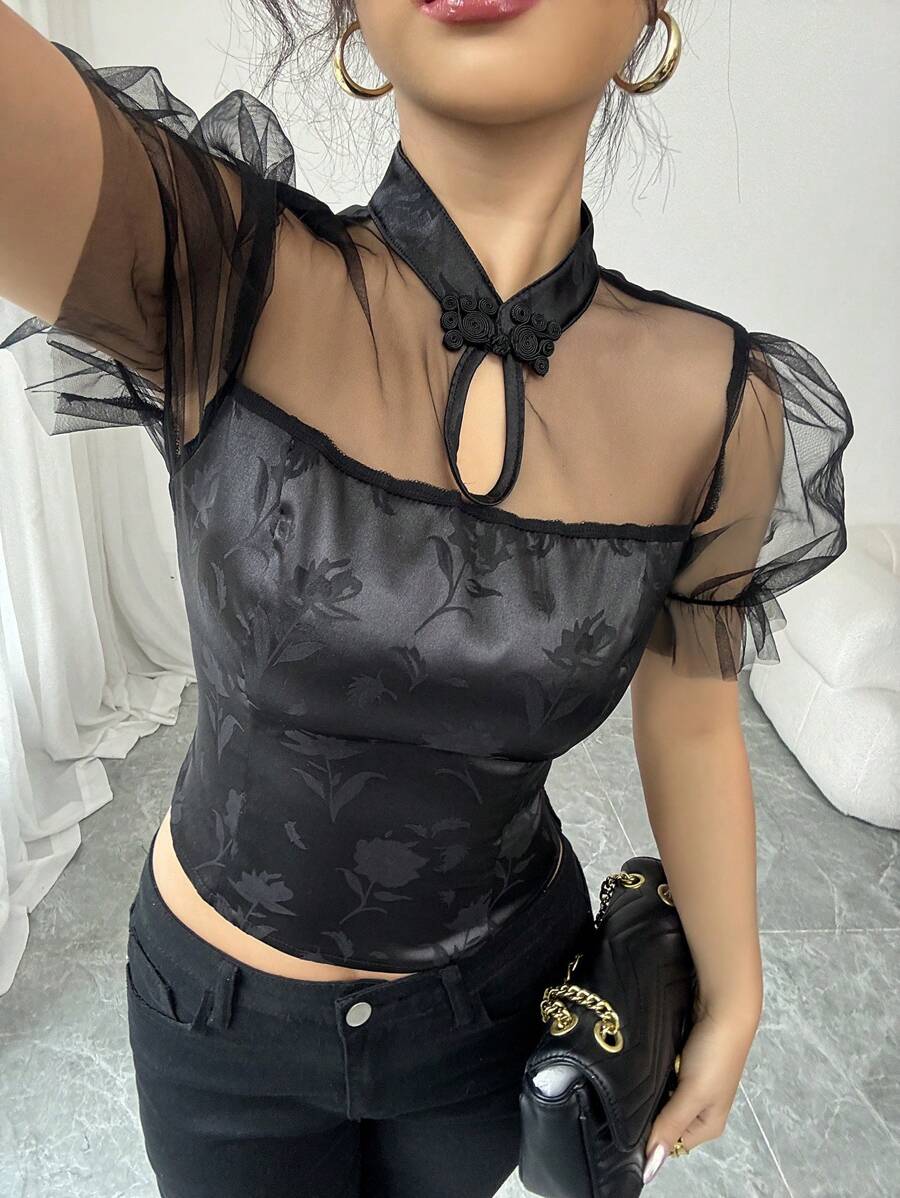 Elenzga French Elegant Button Down Mesh Cutout Jacquard Satin Puff Sleeve Blouse For Women