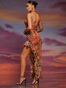 Hauture Floral Mesh One Shoulder Ruffle Lace Up Back Midi Dress - Multicolor - View 1