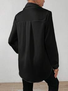 SHEIN Women's Solid Color Satin Simple Shirt With Asymmetric Hem Fall Cloth For Women - Black - View 2