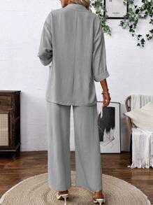 Chiquease 女士纯色缺口领 3/4 袖夹克和裤子休闲套装