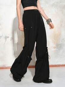 Chiquease Women's Solid Color Drawstring Waist Flap Pocket Loose Casual Cargo Pants For 25 Spring&Summer Fall Cloth For Women - Black - View 4