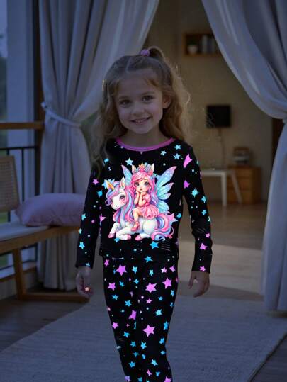 SHEIN 2 Piece Sets Snug Fit Night Wear Kids  Young Girl' Comfy Cute Unicorn Print Fashion Elegant Loose Fit Pants And Long Sleeve Casual Home Clothes .This Product Requires UV Light Exposure To Glow.