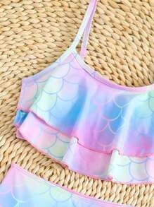 3pcs/Set Tween Girls Fish Scale Spaghetti Strap Bikini Top And Bottom - Multicolor - View 4