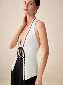 BizChic Women's Elegant Halter Neck Sleeveless Black Tie-Up Knit Vest Top, Spring & Summer