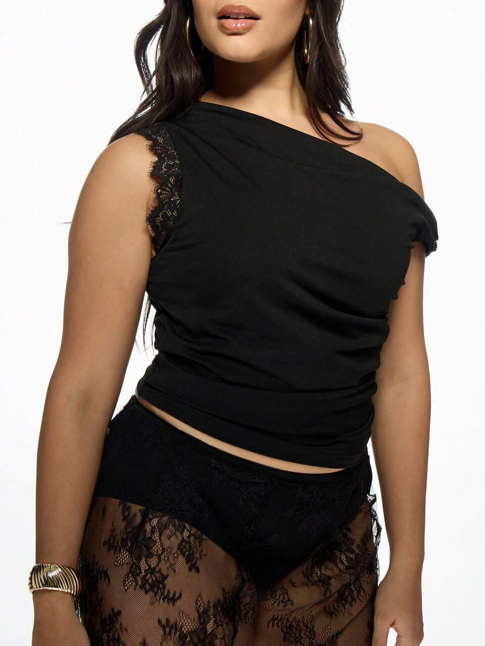 MISSGUIDED Asymmetric One Shoulder Crop Top With Lace Detail Elegant Evening Party Club Wear Slim Fit Fashion Design Plus Size