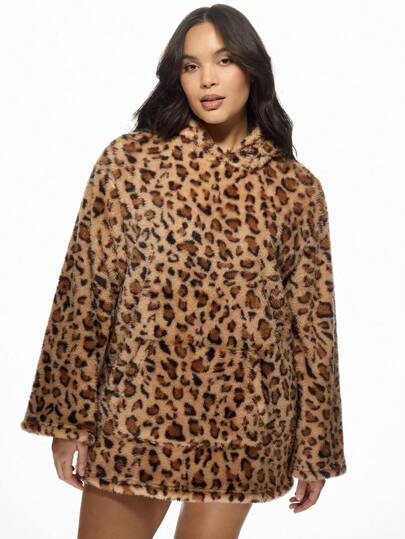 MISSGUIDED MISSGUIDED PLUS Cozy Plush Hooded Fleece Lounge Robe For Fall Winter Plus Size Long Sleeve Comfort Hoodie Leisure Home Wear Loungewear