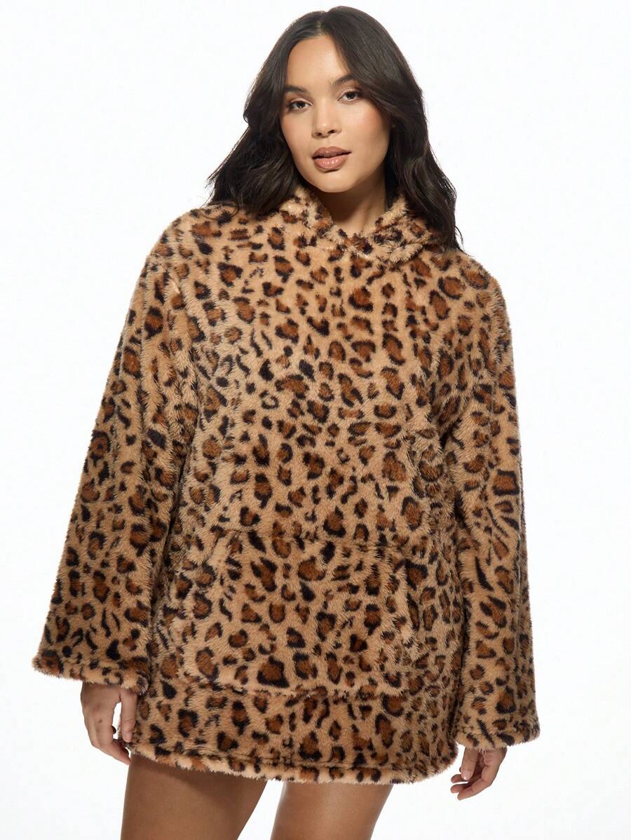 MISSGUIDED PLUS Cozy Plush Hooded Fleece Lounge Robe For Fall Winter Plus Size Long Sleeve Comfort Hoodie Leisure Home Wear Loungewear - Multicolor - View 1